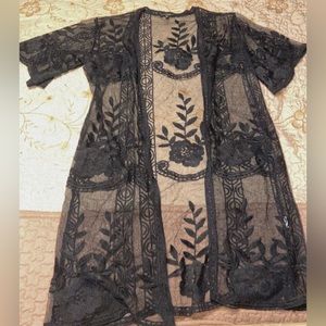 Black long sheer lace kimono